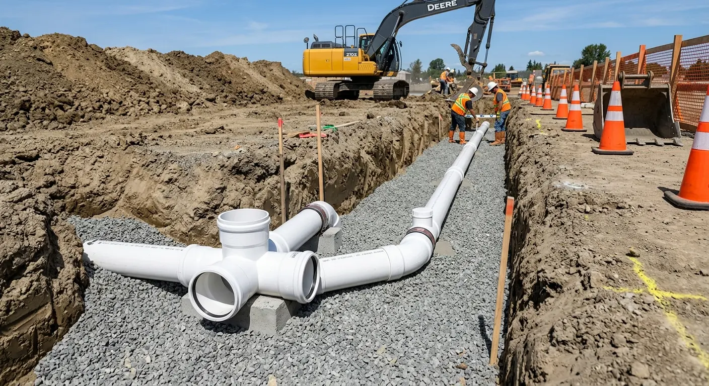 New PVC sewer pipe installation in open trench for Commercial Drain Cleaning in Gardere