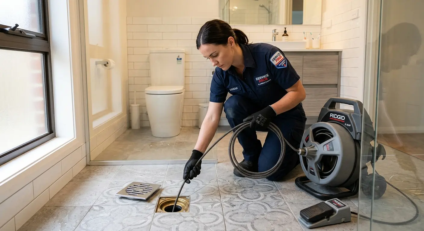 Technician clearing a bathroom floor drain for Hydro Jetting in Gardere